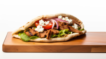 a delicious wrap filled with rice, meat, tomatoes, onions, and feta cheese. this mouthwatering dish is beautifully presented with a dark brown and azure color scheme. captured in stunning 32k uhd resolution, the image showcases the polished craftsmanship of the wrap. the light sky-blue tones add a touch of freshness to the shot, which was taken on 70mm film. a perfect representation of fawncore andの素材