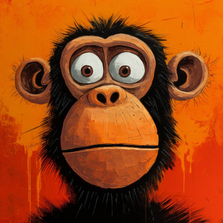 a monkey in a cartoon is depicted against an orange and red background, showcasing edgy caricature style. the artwork is created on large canvas sizes, incorporating elements of kombuchapunk and realistic chiaroscuro. the monkey's bold character design is enhanced by its shiny eyes, adding depth to the overall composition. ai generatedの素材