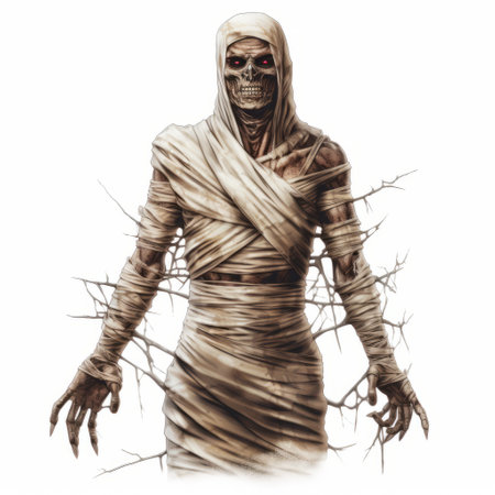 a rotting skeleton creature with vines, depicted in the style of larry elmore, is showcased in this character illustration. the artwork captures the essence of ancient egypt, reminiscent of the creased, crinkled, and wrinkled textures found in the works of tivadar csontvry kosztka. the creature is wrapped in spectral tendrils, creating a haunting and mysterious atmosphere, reminiscent of the artistry of ahmed morsi. ai generatedの素材