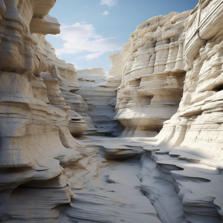 an isolated canyon full of cliffs and rocks is depicted in this 3d model. the scene is created in a surrealistic style with muted tones, including dark white and light beige. natural lighting enhances the organic flowing forms of the landscape, reminiscent of mediterranean landscapes. the entire scene is meticulously sculpted using daz3d software. ai generatedの素材