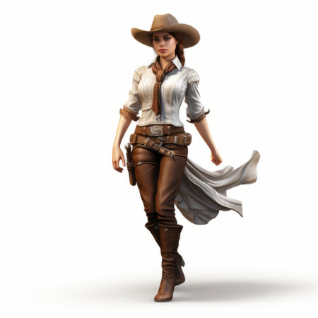 a woman in a cowboy outfit and boots is depicted in this hard surface modeling photo. the style of the image is characterized by light white and light brown tones, showcasing a figura serpentinata pose. the woman's wandering eye adds a touch of intrigue to the overall composition. the artist, bayard wu, has skillfully created a precise and lifelike portrayal of the subject. ai generatedの素材