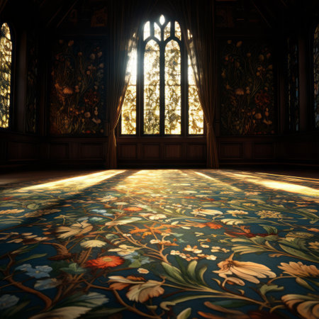 the carpeting pattern in the window is a mesmerizing display of gothic dark and ornate design. with intricate flower and nature motifs, it creates an immersive environment that transports you to another era. the backlit photography captures the traditional british landscapes in stunning 8k resolution, giving a fresh perspective to reimagined religious art. ai generatedの素材