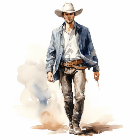 a man wearing a cowboy hat walks confidently in this watercolor-style illustration. the aggressive digital illustration showcases character studies and realistic human figures. the white and azure color scheme adds a touch of vibrancy to the dynamic and action-packed scene. ai generatedの素材