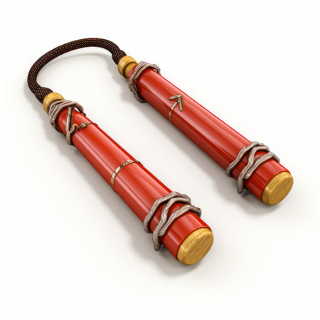 a photo of jiu jiu juggling sticks, featuring realistic 3d design inspired by chinese iconography. the sticks are depicted in light red and light gold colors, showcasing a fusion of techno shamanism and soviet lens aesthetics. the image captures the dynamic motion of the sticks with whiplash curves, while the wrapped design adds realistic details. ai generatedの素材