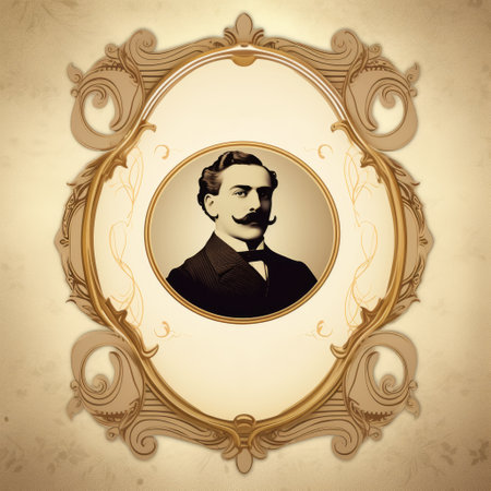 a black and white portrait of a man as a label, inspired by mythic-art nouveau. the image showcases subtle gradients and richly detailed backgrounds reminiscent of franz lefler's work. the composition exudes a free-associative vibe, with elements reminiscent of the die brucke movement. the label features intricate hand lettering. ai generatedの素材