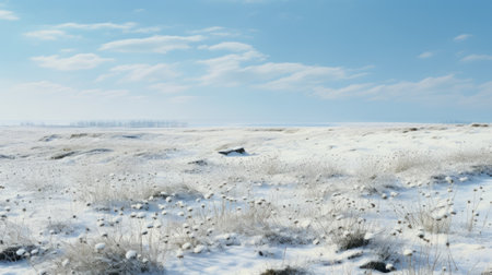 a hyperrealistic photograph of a snowy meadow under a pale blue sky. expertly captured with an slr camera, kodak film, and a 50mm lens, this artful composition showcases the coldness and beauty of the scene. the muted tones and vintage texture add to the artistic quality, while the precise framing highlights the intricate details and serene atmosphere of the wintry landscape. ai generatedの素材
