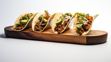 a white platter with a wooden board showcases four tacos, captured with a lensbaby effect for a unique visual style. this high-resolution image in 8k resolution tells a narrative-driven story, featuring bold outlines and a calculated composition. the multiculturalism and carcore elements add an intriguing twist to this captivating photo. ai generatedの素材