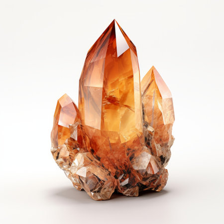 a small orange quartz crystal, isolated on a white background, showcases its vibrant hue and intricate details. this realistic still life photograph captures the crystal's beauty with dramatic lighting, creating a captivating contrast between dark beige and dark amber tones. the futuristic victorian aesthetic is enhanced by radiant clusters, resembling organic stone carvings. rendered in cinema4d, this symmetrical asymmetry piece exudes a unique and mesmerizingの素材