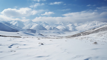 a hyperrealistic photograph of a snowy valley captured with a single-lens reflex (slr) camera, kodak film, and a 50mm lens. the composition showcases a chilly, pale blue sky above a sweeping expanse of snow-covered ground. the muted tones and vintage texture of the kodak film add an artistic quality to the image, while the 50mm lens highlights the intricate details of the clouds and theの素材
