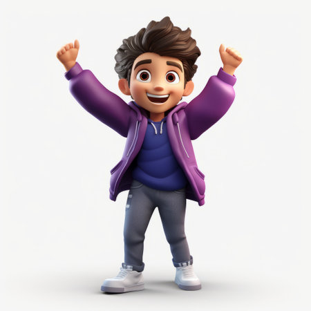 a 3d illustration of a boy character wearing a blue jacket. this animated figure showcases a vibrant color palette of light purple and purple, with a touch of exuberance. created with the realistic style of the sony alpha a7 iii, this design draws inspiration from the cute and cartoonish designs of the quito school, while also incorporating elements of synthetism. ai generatedの素材