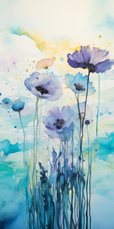 sam kelly's flower portrait for the album "smoothway" captures the essence of dreamy watercolor florals. the vibrant hues of turquoise and purple blend seamlessly, creating organic and flowing forms. delicate watercolor landscapes in sky-blue and gold add a touch of serenity. this large canvas format showcases the intricate details, including the mesmerizing water drops. ai generatedの素材