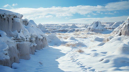 a hyperrealistic photograph of badlands under a pale blue sky, adorned with a delicate layer of snow. expertly captured using an slr camera, kodak film, and a 50mm lens, the image showcases subtle, muted tones and a vintage feel. the 50mm lens frames the scene with precision, highlighting intricate details and the serene, wintry atmosphere. ai generatedの素材