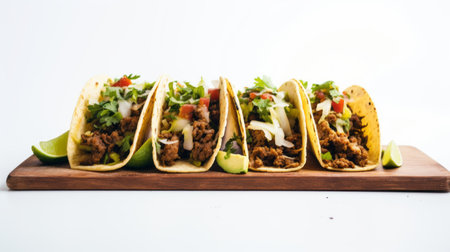 four delicious tacos are beautifully presented on a rustic wooden board, accompanied by fresh limes and vibrant cilantro. this enticing image captures the essence of a lively taco party, with an abundance of zesty limes adding a burst of flavor. the photo showcases a clean white background, enhancing the vibrant colors of the tacos. taken in stunning 32k uhd resolution, this national geographic-style image featuresの素材