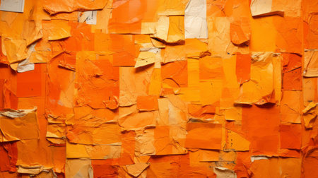 a wall adorned with vibrant paper strips in shades of orange and amber creates a visually captivating display. the fragmented advertising style, combined with a painterly texture reminiscent of unprimed canvas, gives the artwork a unique and intriguing appeal. the puzzle-like pieces and the use of the impasto technique further enhance the overall effect of this lacquer painting. ai generatedの素材