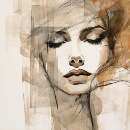 abstract watercolor illustration of a woman wearing glasses, set against a dark blue backdrop. the artwork is done in a sepia tone style, showcasing beautiful women with serene faces. the use of dark amber and beige colors adds depth and emotion to the piece. the artwork depicts trapped emotions through layers and lines, creating a captivating black and white art composition. ai generatedの素材