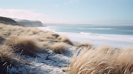 a hyperrealistic photograph of a snowy coastline captured with a single-lens reflex (slr) camera, kodak film, and a 50mm lens. the chilly, pale blue sky and delicate layer of snow create a captivating wintry atmosphere. the muted tones and vintage texture from the kodak film add an artistic quality to the image, highlighting the intricate details of the coastline and the serene scene. ai generatedの素材
