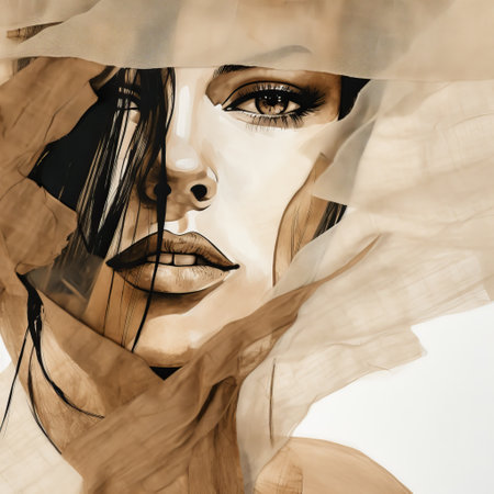 a close-up drawing of a female hairdo created using patterned pieces of paper and adorned with coco, inspired by the style of mike dargas. the hairdo features a combination of dark beige and beige colors, giving it a figurative art appearance with a dreamy quality. the translucent layers and monumental ink paintings add to its fashion-illustration vibe. ai generatedの素材