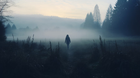 mysterious nancy walks through autumn grass on a cold morning in a valley, captured in a lo-fi instamatic photo. the image showcases a distant valley, with tall tree silhouettes and a thick fog adding to the ambiance. cold blue tones dominate the scene, creating a captivating atmosphere. ai generatedの素材