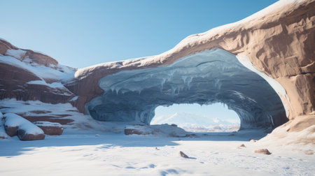 a hyperrealistic photograph of a cave with a snowy ground and pale blue sky. the image captures the coldness and beauty of the scene, with subtle, muted tones and a vintage feel. expertly captured using an slr camera, kodak film, and a 50mm lens, the photograph showcases the intricate details and serene atmosphere of the wintry beach. ai generatedの素材