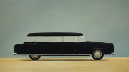 an old man with a black face sits atop a car's bonnet, showcasing a blend of classical figurative realism, mid-century modern design, and american tonalism. the image captures elongated figures and whimsical minimalism, reminiscent of black paintings and depictions of aristocracy. ai generatedの素材