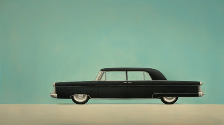 hawaiian cartoon illustration by jonathan aiello featuring a minimalist surrealist style. the artwork showcases classic american cars, black paintings, forced perspective, depictions of aristocracy, and spontaneous gestures. created using oil on panel, this unique piece captures the essence of hawaiian culture with a touch of whimsy. ai generatedの素材