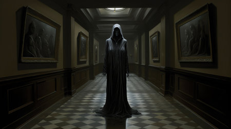 a ghost is depicted in this photo, set against a horror room wallpaper. the artwork follows the style of academic realism, showcasing a realist figure painting. it is a concept art piece with a dramatic and somber tone, reminiscent of religious works. the solarizing technique used by the master artist adds a unique touch to this full-body depiction. ai generatedの素材