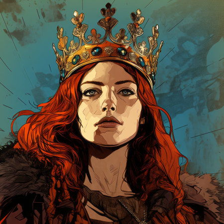 the crown: a stunning, ultra-detailed illustration by mschiffer. this centered image features four characters in a cel-shading style, with strong outlines and bold traces. the artwork showcases a redhead and incorporates tetradic colors, creating a visually striking composition. with inkpunk elements and high contrast, this unframed piece captivates with its intricate ink lines and flat colors. the vector artwork boasts a 32k resolution, ensuring theの素材