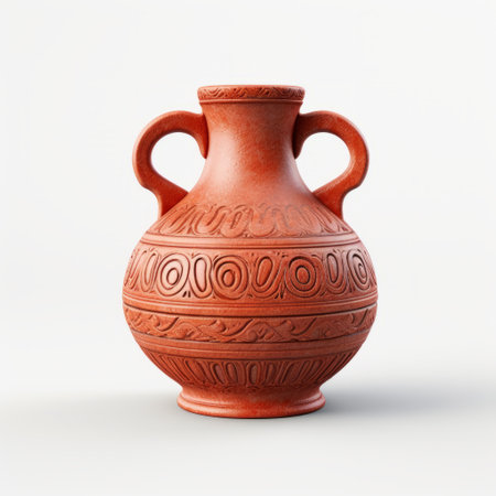 vintage clay vase 3d, featuring artifacts of online culture, showcases realistic rendering with byzantine-style iconography. the light red hue adds a touch of aztec art influence to this meticulously designed piece by alvaro siza. ai generatedの素材