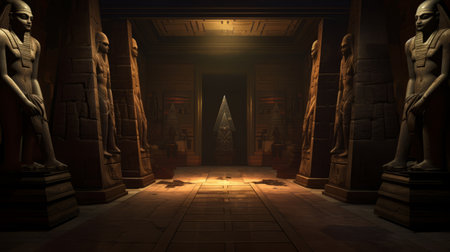an old egyptian structure resembling a sci-fi environment, featuring dark gold tones and volumetric lighting. the building, captured by kevin hill, showcases expansive spaces adorned with realistic chiaroscuro lighting. the architectural design incorporates intricate egyptian iconography, adding to the overall mystique of the scene. ai generatedの素材