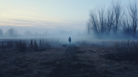 thick fog blankets a serene field, creating an atmospheric scene in this narrative-driven photo by guy aroch. the light sky-blue and bronze tones add a touch of mystery and psychological horror to the composition. taken with a nikon d750, the image captures the essence of george inness' serene minimalism. ai generatedの素材