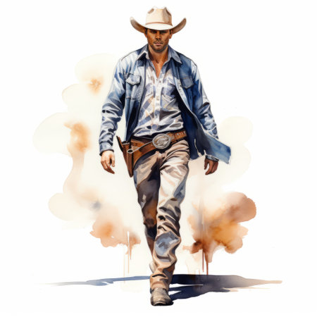 a cowboy man walking on canvas is depicted in this watercolor-style illustration. created using cinema4d, the artwork showcases digitally enhanced, realistic lifelike figures. this editorial illustration captures the essence of the cowboy theme, merging traditional and modern artistic techniques seamlessly. ai generatedの素材