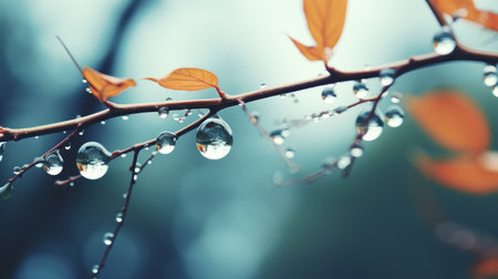 a raindrop glistens on a tree branch, capturing the essence of a dark amber and sky-blue weather. the playful and dreamlike imagery is enhanced by the light gray and light aquamarine hues. this tranquil gardenscape, captured through topographic photography, showcases smooth and shiny textures. the nature-inspired motifs create a captivating visual experience. ai generatedの素材