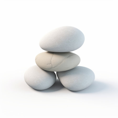 three stacks of white and gray pebbles, arranged on a white background, showcase the artistic style of zbrush. with poignant symbolism and unconventional poses, this matte photo captures a sense of balance. the rounded pebbles, subtly shaded, add depth and texture to the composition. ai generatedの素材