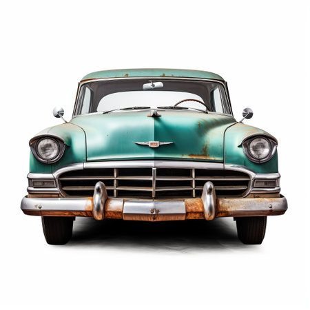 an antique rusty car, with creased, crinkled, and wrinkled features, is captured against a white background. the elegant and emotive faces of this iconic american vehicle are highlighted in a style of light turquoise and dark gray. the photograph showcases a symmetrical asymmetry, captured with a wide-angle lens, and incorporates afro-colombian themes. ai generatedの素材