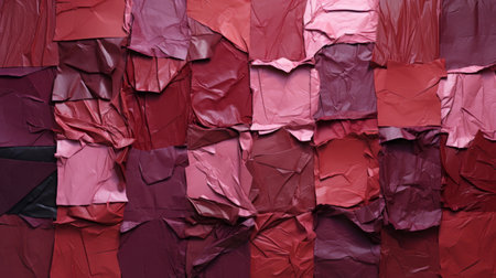 a collage of red and pink sheets of paper arranged in an expressive impasto texture. this artwork features dark violet accents, sculptural installations, and a paint dripping technique. the monochromatic color scheme adds to the overall impact. inspired by valentin rekunenko, this grungy patchwork creates a visually captivating composition. ai generatedの素材