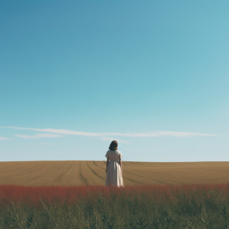 a person stands in a vibrant red field under a clear blue sky, reminiscent of jessica rossier's nostalgic romanticism. this uhd image captures the essence of austere simplicity, with a color palette of dark yellow and light cyan. the scene is a photorealistic pastiche, evoking the artistic style of stasia burrington. ai generatedの素材
