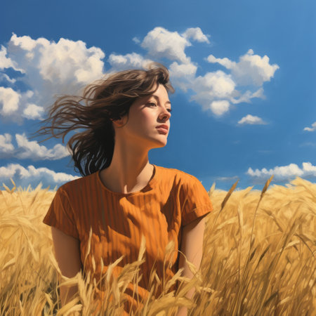 a girl stands in a wheat field, her hair blowing in the wind. the painting captures the essence of a realistic blue sky, with richly detailed genre elements. the artist's skill in rendering the human form is evident, creating a captivating figurative painting. this dark orange and yellow illustration evokes the beauty of nature and the freedom of the open field. ai generatedの素材