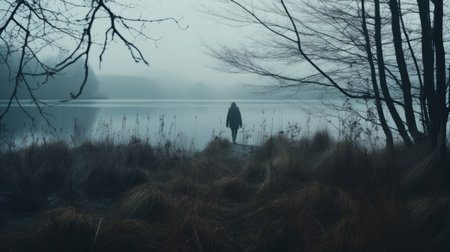 mysterious joseph walks through autumn grass on a cold morning, captured in a fjord instamatic lo-fi photo. the distant fjord and silhouettes of tall trees create a captivating scene, enhanced by the presence of fog and cold blue tones. ai generatedの素材