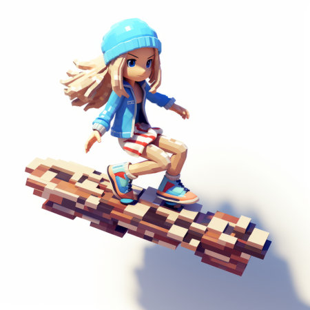 a cartoon girl rides a skateboard on a wooden platform in this voxel art style image. the artwork showcases realistic hyper-detail with a color scheme of blue and beige. this mingei-inspired piece features a color splash effect and was commissioned for an installation creator. ai generatedの素材