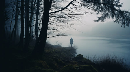 a person in woodland goth style stands near the coast, surrounded by foggy skies and water. the image captures a lurid and unsettling mood with dramatic shadows and atmospheric woodland imagery. the wilderness is romanticized, depicted in soft focus through the lens of a nikon d850 camera. ai generatedの素材