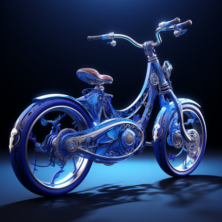 the electric bike, featuring hyperrealistic and photorealistic style, showcases a captivating blend of dark blue and light aquamarine colors. this intricately detailed art nouveau design incorporates elements of hdr, realism, and fantasy, beautifully rendered in cinema4d with a touch of chromepunk aesthetic. ai generatedの素材