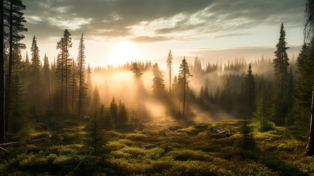 a breathtaking photo of a volcano in a boreal forest at dawn, surrounded by mist. the soft rays of the sun filter through the fog, creating an ethereal atmosphere. in the distance, a majestic game development glides through the forest, its searchlight cutting through the mist. this photo captures the awe-inspiring beauty of the volcano and the harmonious presence of advanced game development. ai generatedの素材