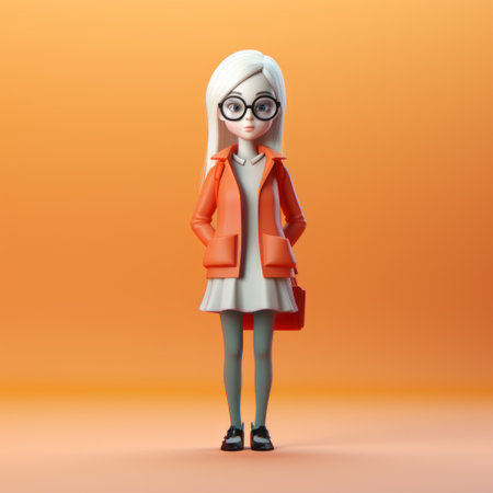 a 3d character, a girl wearing orange pants and a black-coated hat, stands against a neutral background. this studio portrait captures the essence of a schoolgirl lifestyle, reminiscent of the styles of hayao miyazaki and stan lee. the image evokes a sense of nostalgia, drawing inspiration from the konica big mini camera and the vibrant color schemes of the 1960s. ai generatedの素材