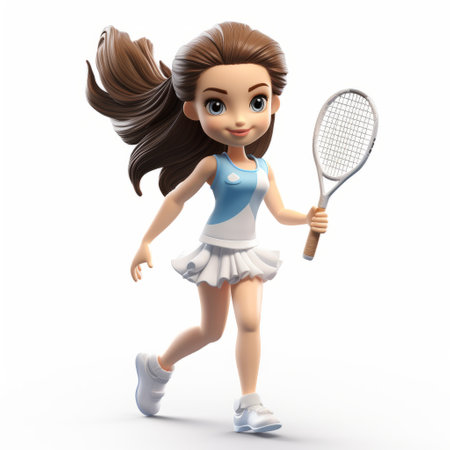 a 3d tennis girl, depicted in expressive character designs, is seen holding a racquet and an umbrella. this lively and dynamic portrayal showcases childlike qualities, rendered in maya with clear and crisp details. the strong facial expression adds to the action-packed atmosphere of the scene. ai generatedの素材