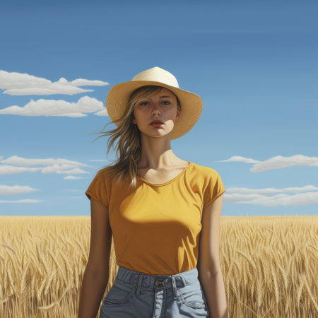 a young woman stands in a field wearing a hat, captured in the style of hyperrealism and photorealism. the vibrant colors of light orange and yellow dominate the scene, reminiscent of golden age illustrations. the realistic blue skies serve as a backdrop, while the unprimed canvas adds a touch of prairiecore aesthetic. this artwork is by andrew hem. ai generatedの素材
