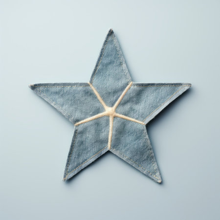 star-shaped denim fabric hanging on the wall with a cloth cord, showcasing illusory hyperrealism in the style of ssaku hanga. rendered in cinema4d, this artwork serves as a critique of consumer culture. the minimalistic metal sculptures add a texture-rich element to the piece, making it a thought-provoking and politically charged creation. ai generatedの素材