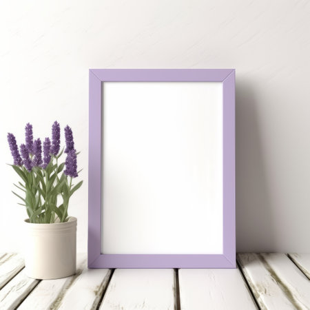 empty frame with purple flowers on a wooden table, featuring a realistic color palette and minimalist design. the light purple and light green hues create a soothing ambiance. this 8k 3d rendering showcases simplified colors in a post-minimalist style, resulting in a photorealistic depiction. ai generatedの素材
