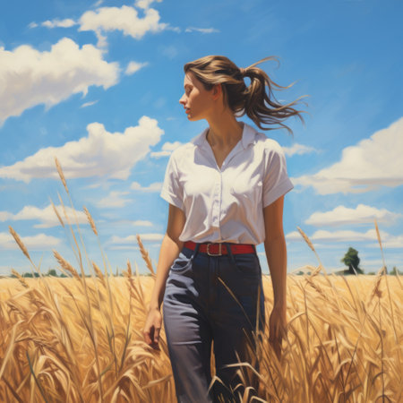 young woman standing in a wheat field, surrounded by tall stalks of wheat. the scene resembles the artistic style of rob hefferan and bo bartlett, with a large-scale painting capturing the realistic blue skies and intricate details. the joyous figurative art comes to life in this 8k resolution image. ai generatedの素材