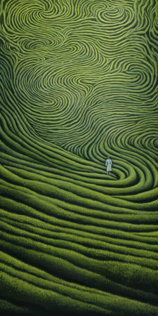 a chinese landscape painting featuring tea fields is captured in this striking photo by jimmy lawlor. the image showcases a person amidst the lush greenery, creating an optical illusion with the style of body art. the zeiss batis 18mm f2.8 lens captures the scene with precision, highlighting the symmetrical patterns, wavy lines, and organic shapes. this national geographic photo is bathed in a palette ofの素材