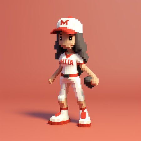 a girl wearing a baseball jacket is depicted in the background of this voxel art style photo. she holds a bat and the color scheme is light red and white. the photo showcases character studies with a cartoonish character design. the image is captured using an m42 mount and has a streamlined design. the velvia effect adds vibrancy to the overall composition. ai generatedの素材